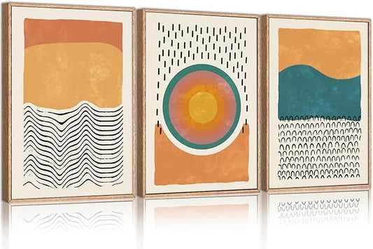 HPINUB Boho Abstract Framed Canvas Prints Wall Art Set, Mid-Century Color Block Shape Wall Decor, Minimalist Illustrations Art Photos for Living Room, Bedroom, Dining Room, Office, Bathroom-24 x36 x3