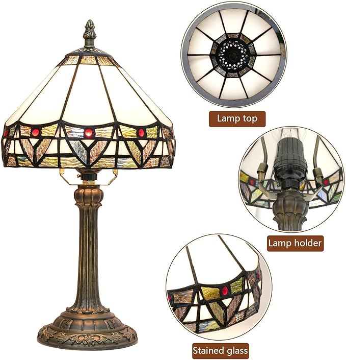 Tiffany Lamp 8 Inch Small Stained Glass Table Lamp with Roman Nordic Style Design Warm Color Reading Light Dining Rooms Bedrooms Offices Study Rooms Tiffany Style Retro Home Decoration Crafts (White)
