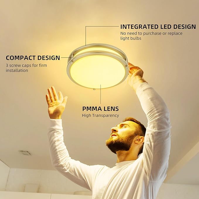 13 inch Flush Mount LED Ceiling Light Fixture, 2700K/3000K/3500K/4000K/5000K Adjustable Ceiling Lights, Brushed Nickel Saturn Dimmable Lighting for Hallway Bathroom Kitchen or Stairwell, ETL Listed