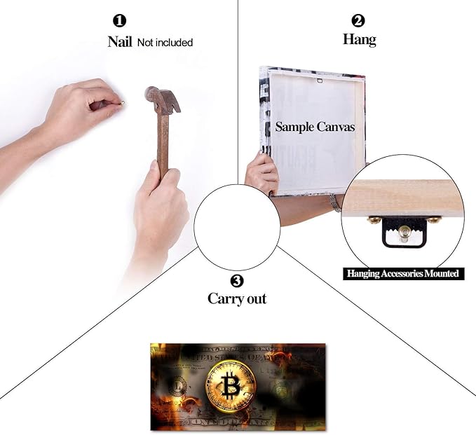 Modern Inspirational Framed Posters Bitcoin and Dollars USD Money Wall Art Creative Wall Picture Burning Bitcoin and Bill Artwork for Living Room Bedroom Classroom Decor Framed Ready to Hang-32"Wx16"H