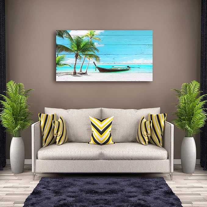 Beach Picture Canvas Prints Coconut Tree Ocean Wall Art Home Decor Natural Seascape Paintings for Living Room Bathroom Bedroom Office Kitchen Decorations Wooden Framed Landscape Artwork 20x40inchs