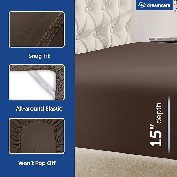 DREAMCARE Queen Sheet Set – 6 pcs Cooling Bed Sheets – up to 15” Deep Sheets Queen Size Bed Set – 2500 Supreme Collection –Extra Soft 100% Brushed Microfiber Hotel Luxury with Side Pocket –Mocha Brown