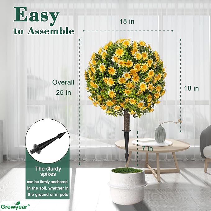 Fall Artificial Mum Topiary Ball with Spike Set of 2, Faux Boxwoods for Outdoor Planters, UV Resistant Artificial Outdoor Plants for Porch, Fake Bushes Round Shrub with Orange Yellow Mum