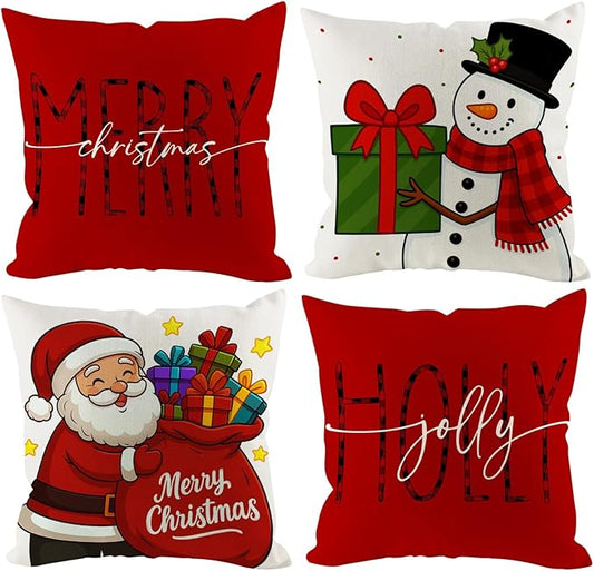 Christmas Pillow Covers 18x18 inch Set of 4, Holiday Winter Outdoor Red Vintage Xmas White Snowman Burgundy Seasonal Santa Burlap Decorations for Sofa Couch