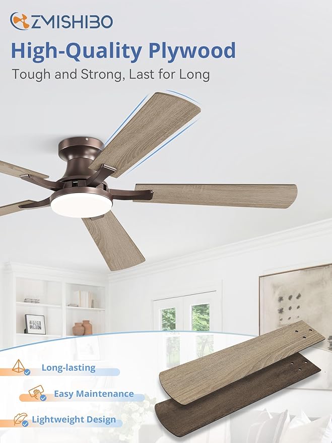ZMISHIBO 60 Inch Ceiling Fan with Light, App&Remote Control, Flush Mount Low Profile, Dimmable 20W LED Light, Quiet Reversible Motor for Bedroom, Living Room, Apartment, Brown