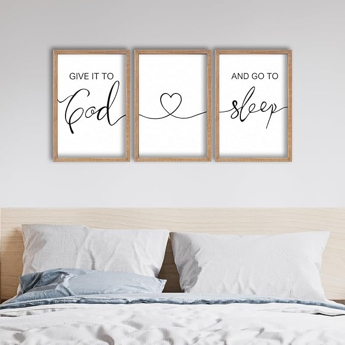 SRSZHIYUE Give It To God And Go to Sleep Set of 3 Wall Decor 16"x11" for Master Bedroom Above Bed Sign Guest Room Decoration (Wood)
