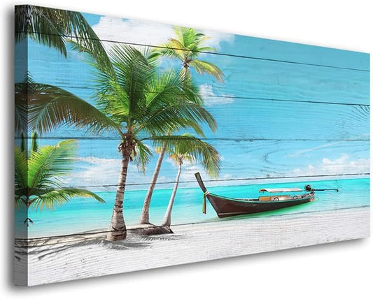 Beach Picture Canvas Prints Coconut Tree Ocean Wall Art Home Decor Natural Seascape Paintings for Living Room Bathroom Bedroom Office Kitchen Decorations Wooden Framed Landscape Artwork 28x57 inchs