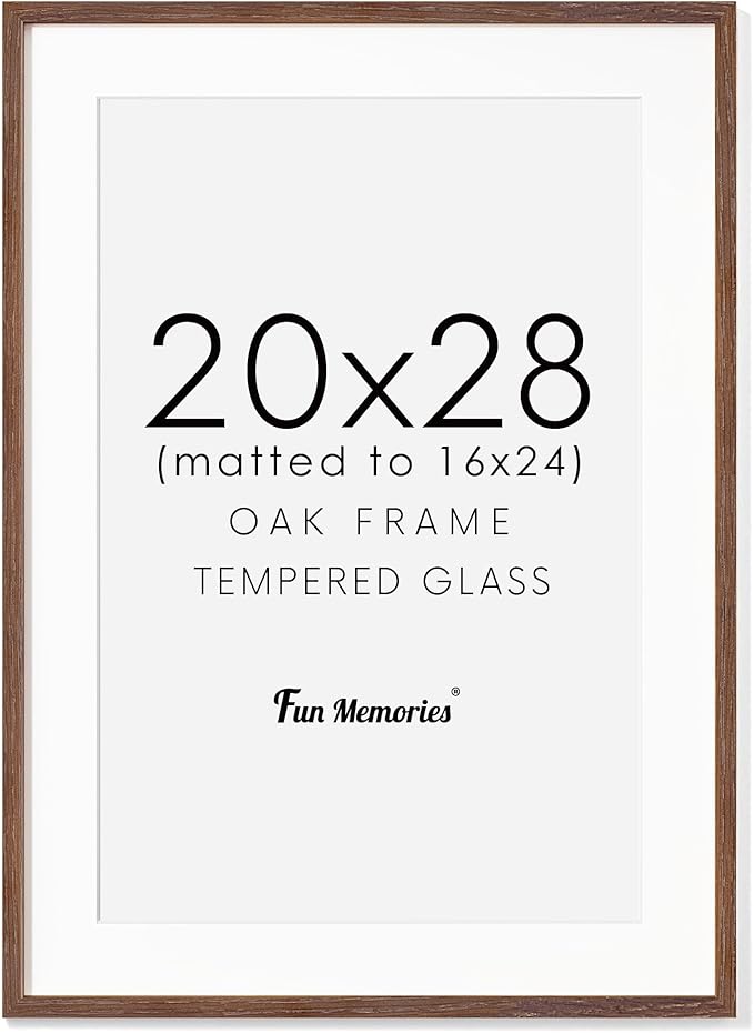 20x28 Oak Wood Picture Frame, 20"x28" Poster Frame for Wall, 20x28 Picture Frame with Mat for 16x24, Solid Oak Wood Photo Frame 20 x 28 with Tempered Real Glass (Walnut Color, 1 Pack)