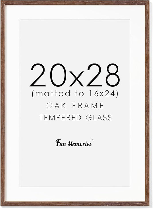 20x28 Oak Wood Picture Frame, 20"x28" Poster Frame for Wall, 20x28 Picture Frame with Mat for 16x24, Solid Oak Wood Photo Frame 20 x 28 with Tempered Real Glass (Walnut Color, 1 Pack)