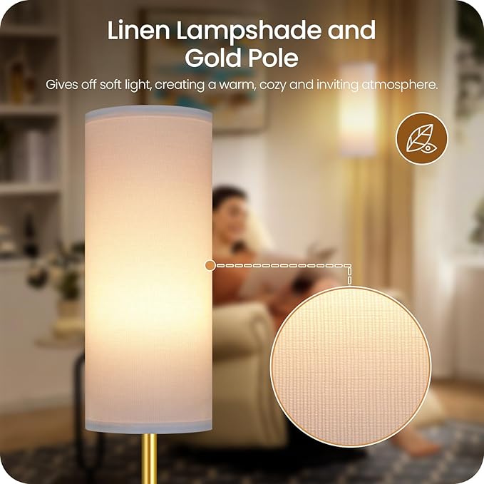 Dimmable Floor Lamp for Living Room with Remote and Foot Switch, Corner Floor Lamp, 64.4'' Standing Tall Lamp, 10W 900LM LED Bulb Included, 3000K-6500K, Linen Shade, Gold White, FCC Listed DCW06LD05W1