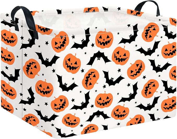 CLOCOR Rectangular Storage Basket Empty, Gift Basket for Halloween, Waterproof Storage Bin with Handles, Room Decor(Bat Pumpkin Halloween)