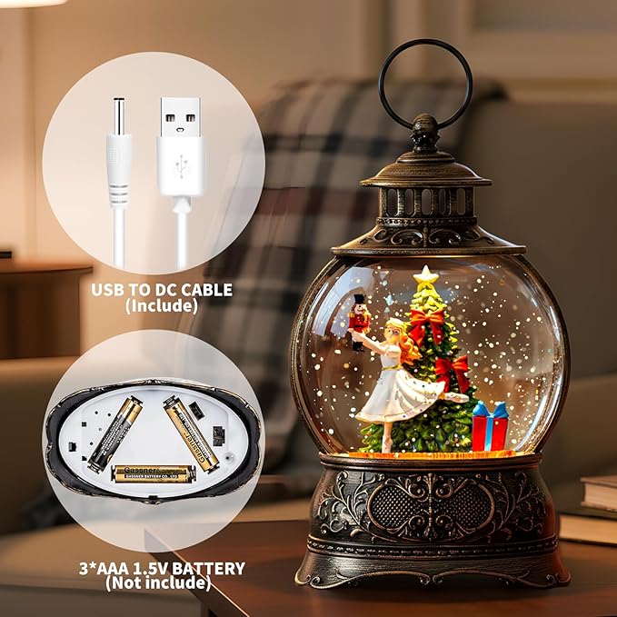 Christmas Snow Globe Lantern – Clara & Prince LED Music Water Globe, Swirling Glitter, Auto Timer – Vintage Lighted Tabletop Decor & Gift