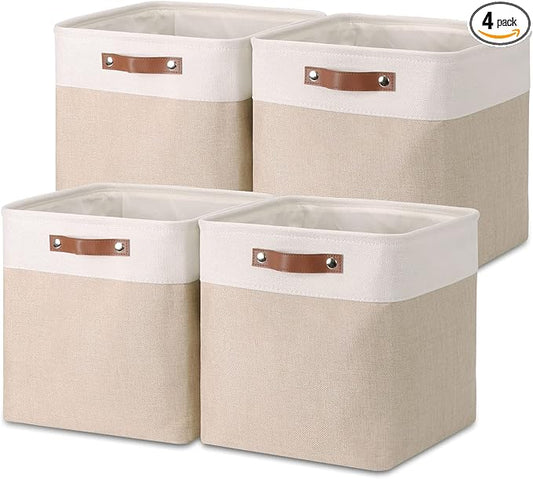 Temary Cube Storage Bins 13x13 Fabric Storage Cubes Baskets Set Of 4 Cloth Baskets for Shelf, Large Bin Empty Basket for Organizing, Shelf Basket (White&Khaki)