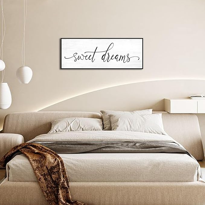 Sweet Dreams Wall Decor Above Bed: 32''×12'' Large Framed Bedroom Canvas Wall Art,Farmhouse Sweet Dreams Sign For Master Bedroom Guest Room Black Hanging Decorative Wall Sign