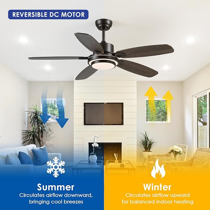 Ceiling Fan with Light and Remote/APP Control,50" Black Ceiling Fan with DC Reversible Motor, Quiet 6 Speeds Modern Flush Mount Ceiling fan Light for Bedroom,Dinnig Room,Indoor/Outdoor