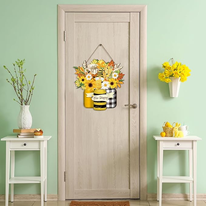 Bee Welcome Sign Wooden Yellow Bee Sign Bee Flower Gnome Wood Hanging Door Decor Farmhouse Porch Outdoor Front Door Decorations Supplies (Bee Style)