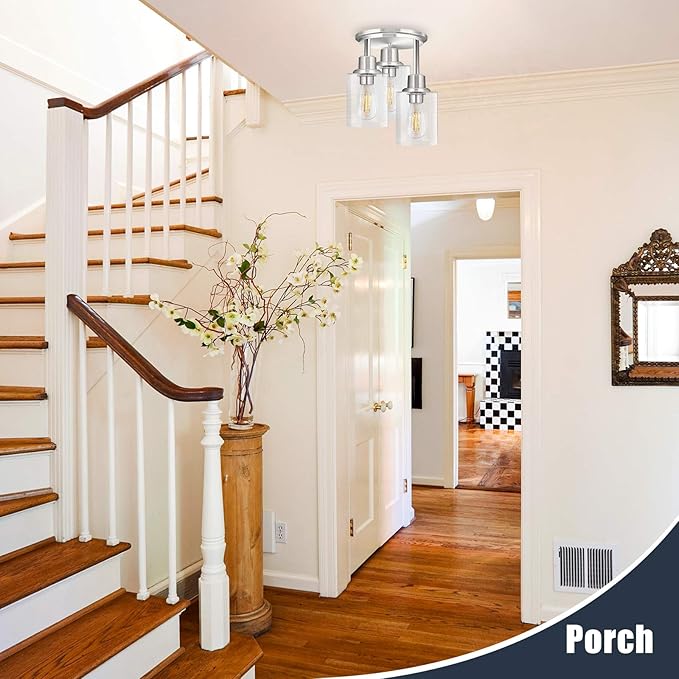 Semi Flush Mount Ceiling Light, 3-Light Close to Ceiling Light Fixtures, Brushed Nickel Finish Kitchen Light Fixture with Clear Seeded Glass Shade Patriot Lighting for Stairs Porch Hallway Entryway