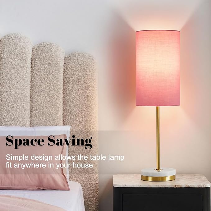 Luvkczc Minimalist Table Lamp Set of 2, Nightstand Lamp for Bedroom Living Room, Modern Pull Chain Bedside Lamp with Marble Base, Fabric Shade, Small Desk Lamp for Home, Office, Reading,Pink