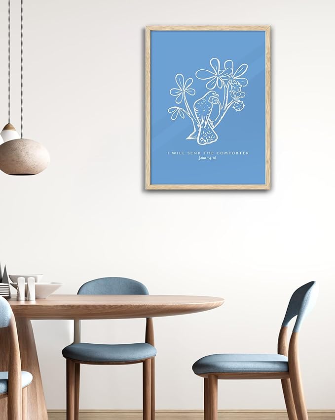 EcoHest Large 16x20in OAK Wood Framed Wall Art, John 14:16 I Will Send The Comforter Bible Verse Christian Canvas Wall Decor, Blue Jesus Prints for Bedroom Living Bathroom Religious Gift 1 Pack