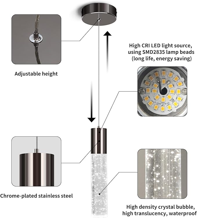 OKELI Modern Pendant Light,LED Bubble Crystal Kitchen Island Lights Fixtures,Black Mini Single Pendant Lighting for Kitchen Island Bar,6W,6000K,ETL,1Pack