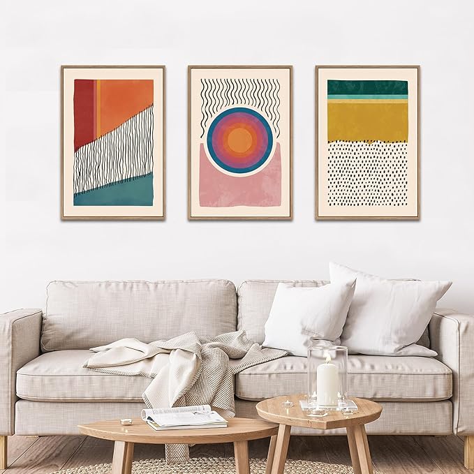 HPINUB Boho Framed Canvas Prints Wall Art Set, Mid-Century Abstract Color Block Shape Wall Decor, Geometric Illustrations Art Photos for Living Room, Bedroom, Dining Room, Office, Bathroom-24 x36 x3