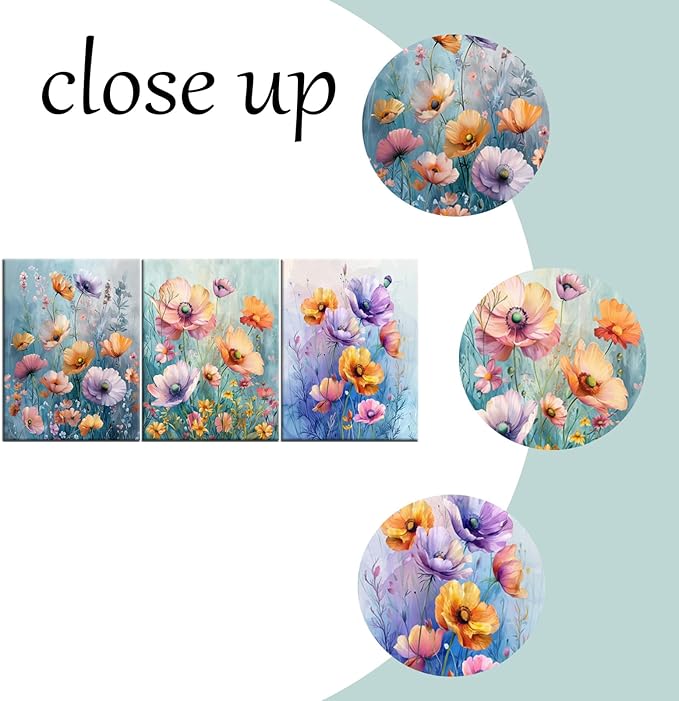 Floral Canvas Wall Art Colorful Abstract Wildflower Purple Daisy Flower Green Leaves Picture Print Plant Theme Posters Painting Artwork for Bedroom Bathroom Wall Decor Ready to Hang [36''W x 16''H]