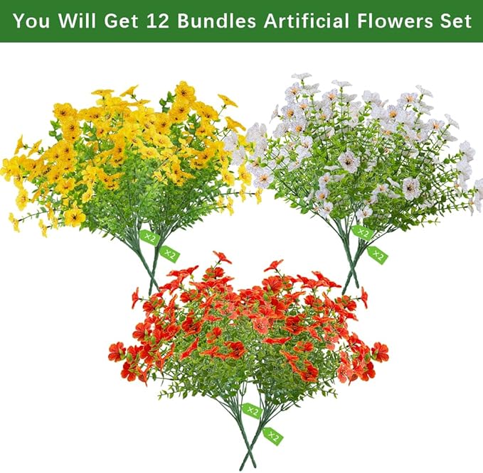 12 Pack Artificial Fall Flowers for Outdoor Orange Yellow Autumn Floral Stems Outside Faux Silk Violet Flower for Garden Porch Window Yard Wedding Thanksgiving Decoration Table Fireplace Decor