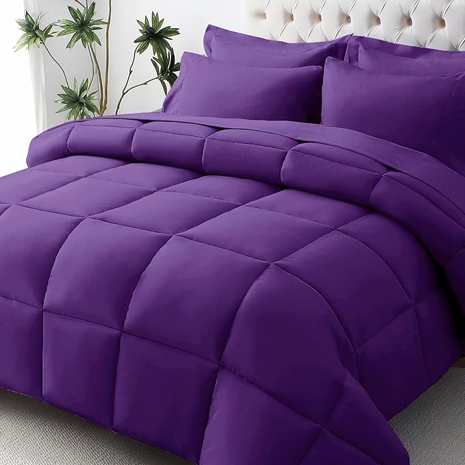 JOLLYVOGUE Queen Comforter Set, Ultra-Soft Bed in a Bag Queen Size 7 Pieces, Oeko-TEX Certified Bedding Set with Down Alternative Comforter, Sheets, Pillowcases & Shams, Purple