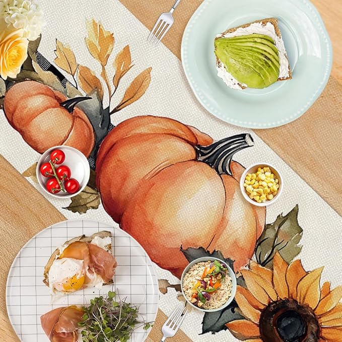 ANNA QUEEN Pumpkin Sunflower Table Runner 13 x 72 Inch for Dining Table, Table Runner for Seasonal Autumn Kitchen Dining Table Decoration for Home Party Decor Thanksgiving Harvest