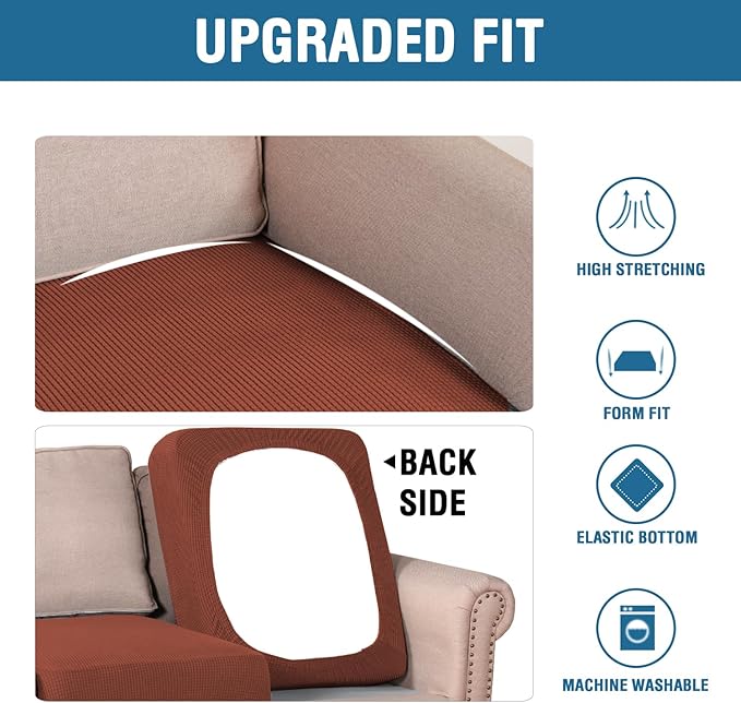 H.VERSAILTEX Super Stretch Individual Seat Cushion Covers Sofa Covers Couch Cushion Covers Slipcover Sets Thick Jacquard Textured Twill Fabric (2 Piece Medium Sofa Cushion Covers, Rust)