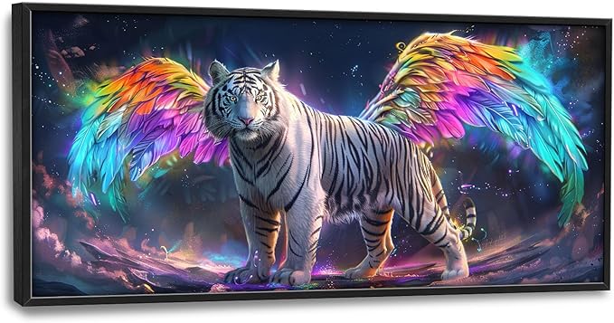 Flintis Large Tiger Wall Art White Tiger Angel Wings Pictures Wall Decor Abstract Animal Canvas Painting Print Artwork Decoration Framed for Living Room Bathroom Master Bedroom Office 60L x 30W