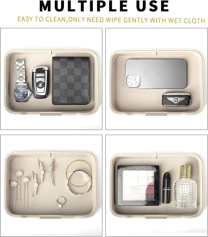 SANZIE Luxury Leather Tray Desktop Storage Catchall Organizer Decorative Tray for Entryway Table to Hold Jewelry Watch Keys Phone Wallet (Metal Glided, Grey)