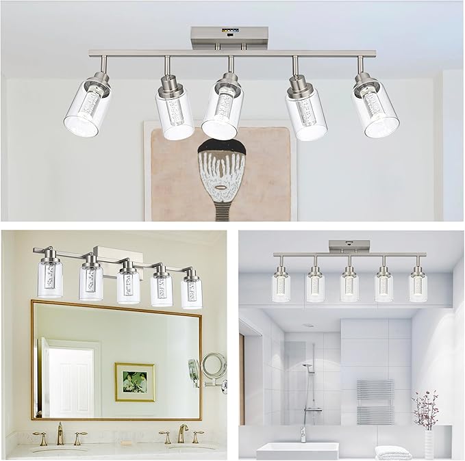 MELUCEE LED 5 Light Track Lighting Kit, Brushed Nickel Ceiling Spotlights Vanity Lights Modern Track Light Fixture with Flexibly Rotatable Heads, Built-in LED Chips, 5-Color Temperature Adjustable