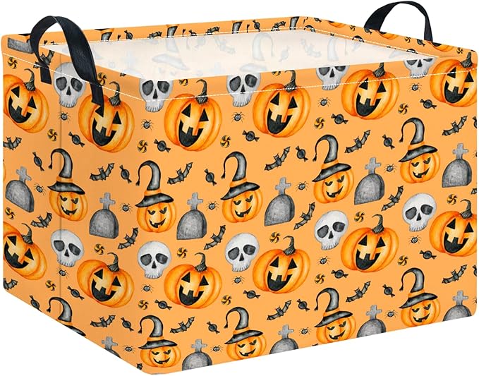 CLOCOR Rectangular Storage Basket Empty,Gift Basket for Halloween, Waterproof Storage Bin with Handles,Room Decor(Yellow Pumpkin)