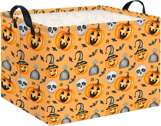CLOCOR Rectangular Storage Basket Empty,Gift Basket for Halloween, Waterproof Storage Bin with Handles,Room Decor(Yellow Pumpkin)
