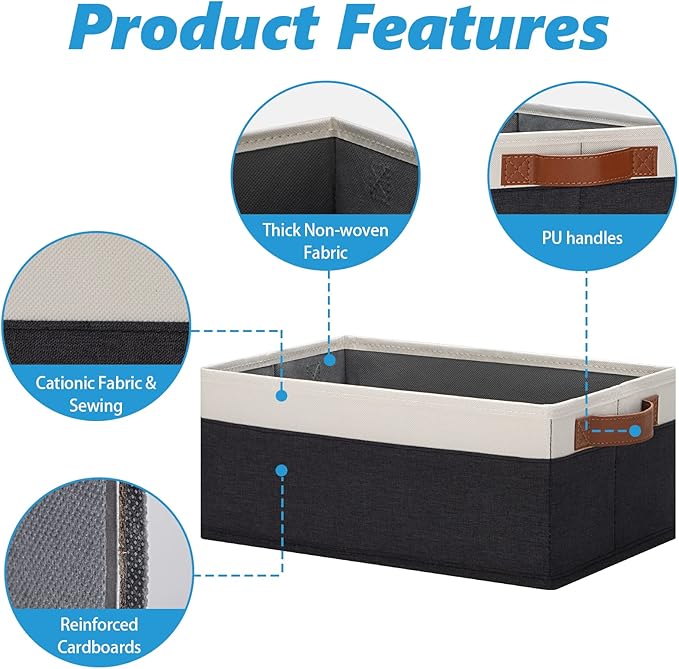 GhvyenntteS Storage Baskets for Shelves 12 Pack, Fabric Storage Bins with Leather Handles, Foldable Rectangular Storage Baskets for Organizing Home, Office (Black/White, 11.8" x 7.87" x 5.11")