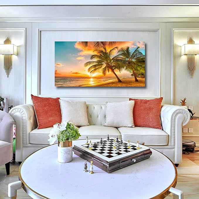 Beach Themed Wall Art Canvas Prints Seascape Picture Bathroom Décor Ocean Tree Sunset Paintings for Living Room Bedroom Office Home Kitchen Decorations 28x57 Wooden Framed Natural Landscape Artwork