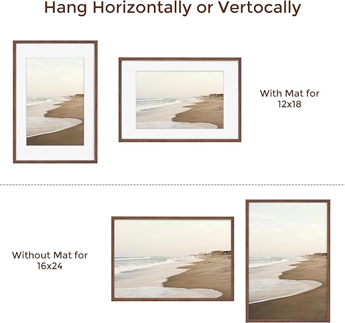 16x24 Picture Frame, 16 x 24 Poster Frames Set of 2, 16x24 Frame Solid Oak Wood & Tempered Glass, 16 x 24 Picture Frame with Mat for 12 x 18, Rustic Wooden 16"x24" Frames, Walnut Color