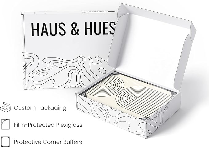 HAUS AND HUES Neutral Wall Art Prints for Wall Decor - Boho Art Wall Prints Mid Century Modern Decor Line Art and Geometric Wall Decor Black Semi Circles Reflected (24x36 Framed Black)