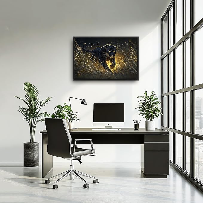 Flintis Large Black Leopard Framed Wall Art Leopard Pictures Wall Decor Abstract Animal Portrait Canvas Painting Print Artworks Decor Framed for Living Room Bathroom Master Bedroom Office 36L X 24W