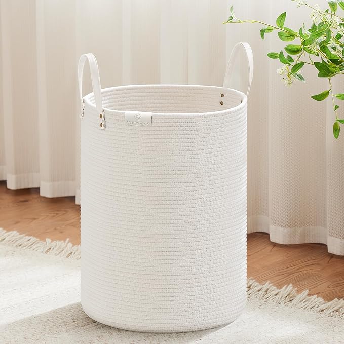 VIPOSCO Tall Laundry Basket, Large Dirty Clothes Hamper with Leather Handle, Woven Rope Storage Basket for Blanket, Toy In Living Room, Bathroom, Bedroom - 58L White