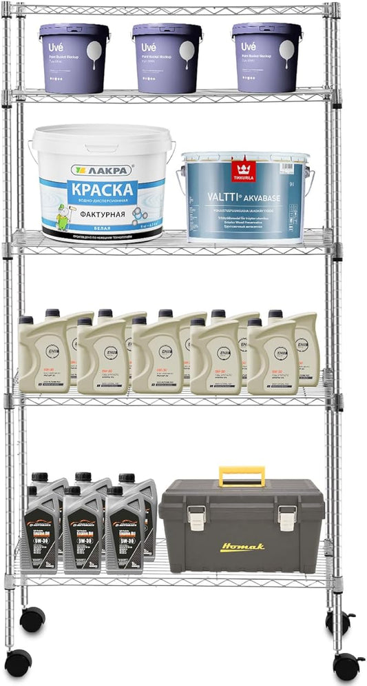 PayLessHere | 5-Tier Wire Shelf with Wheels | 14"x30"x60" | Chrome | Adjustable Racks | Heavy-Duty Storage Shelves, Holds Upto 220 lbs | Rust-Resistant, No-Tool Assembly | for Home, Garage Shelving