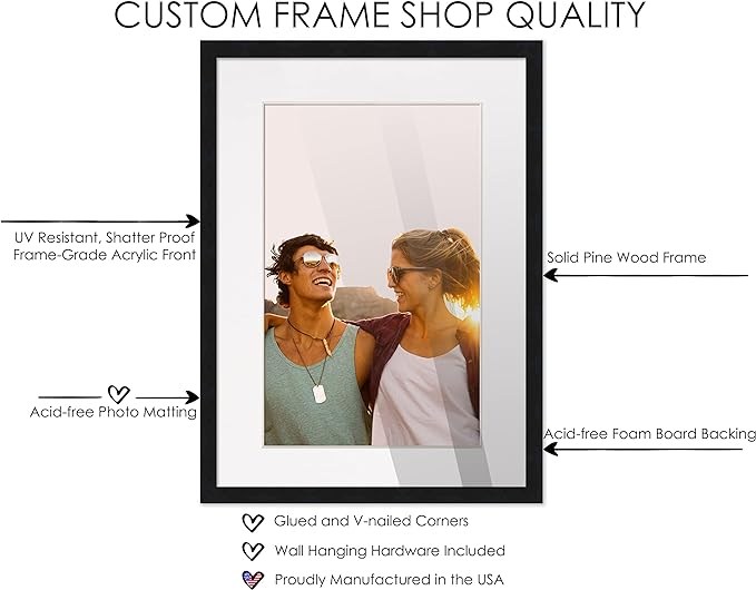 17x23 Frame Black Wood with White Mat | 19x25 Frame Matted to 17x23 | Display Your Photo Under UV Acrylic Shatter Guard Front, with Foam Board Backing and Wall Hanging Hardware - Gallery Wood Frame