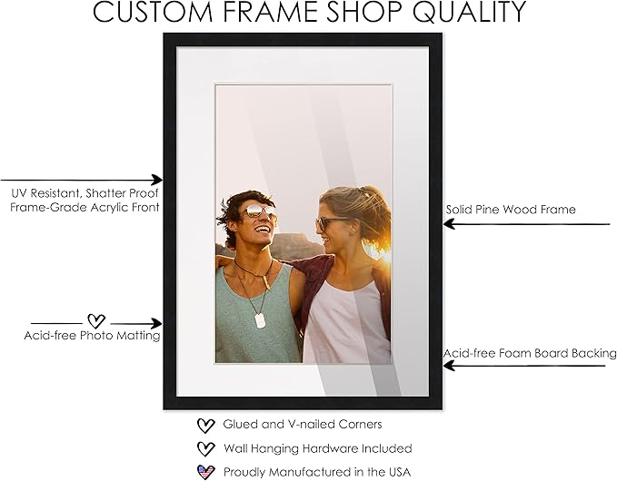 16x20 Frame Black Wood with White Mat | 18x24 Frame Matted to 16x20 | Display Your Poster Under UV Acrylic Shatter Guard Front, with Foam Board Backing and Wall Hanging Hardware - Wood Frame