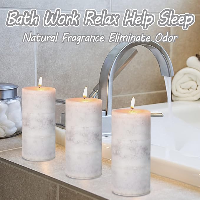 3x6 inch Pillar Candles Cozy Cotton Scented Set of 3 Gray White Layered Mottled Aromatherapy Candles for Weddings Home Wall Shelf Decorations Yoga Spa Dinner Table