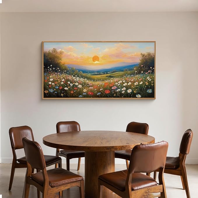 HOURIA Boho Sunrise Wildflower Framed Canvas Wall Art Set,Watercolour Nature Inspired Landscape Wall Decor,Colorful Floral Scenery Artwork,Modern Art Prints for Living Room,Bedroom,Farmhouse-20"x40"x1