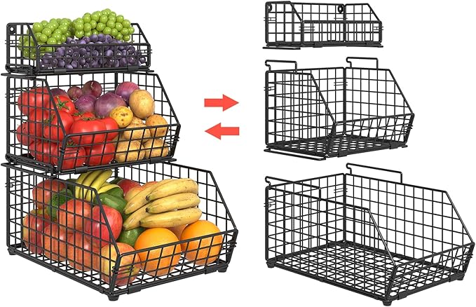 3-Tier Fruit Basket for Kitchen Counter, Stackable Wire Baskets Wall, Potato and Onion Storage Bins, Pantry Organizers and Storage for Potato, Onion, Produce, Fruit, Vegetable, Snack