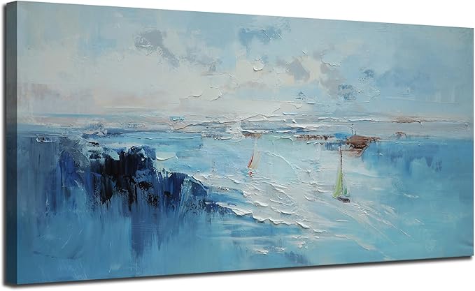Ardemy Blue Abstract Wall Art for Living Room Coastal Sailboat Textured Bedroom Wall Decor，Bathroom Pictures Wall Decor Modern Artwork Home Office Kitchen Dining 40"x20"
