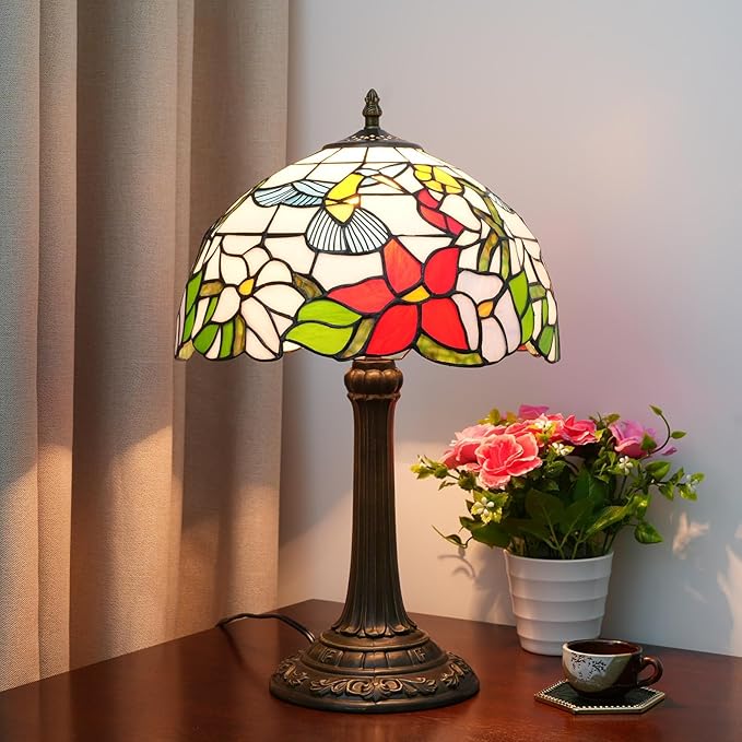 Tiffany Style Stained Glass Table Lamp 12-Inch Blue Hummingbird Reading Bedside Lamp Suitable for Study Living Room Bedroom Coffee Shop Retro Table Lamp Home Decoration Art