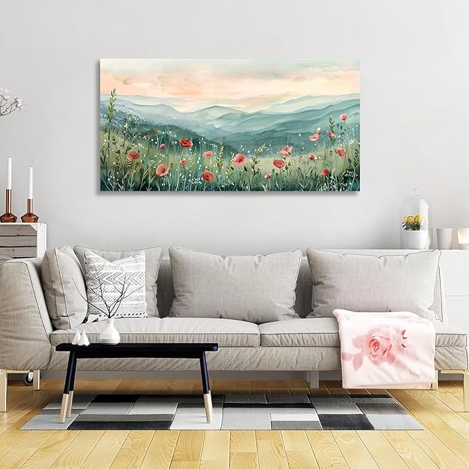 Tucai Decor Floral Landscape Canvas Wall Art 30 x 58 inches Poppies in Mountain Valley Home Decor Art Prints for Living Room Bedroom Office Ready to Hang